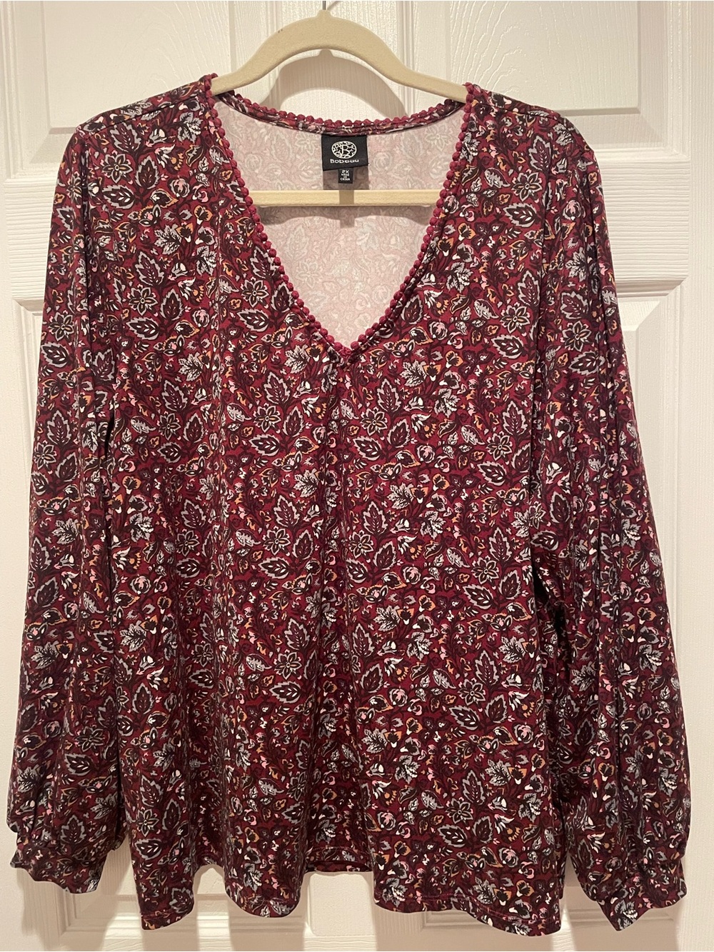 bobeau Burgundy Floral V-Neck Tunic